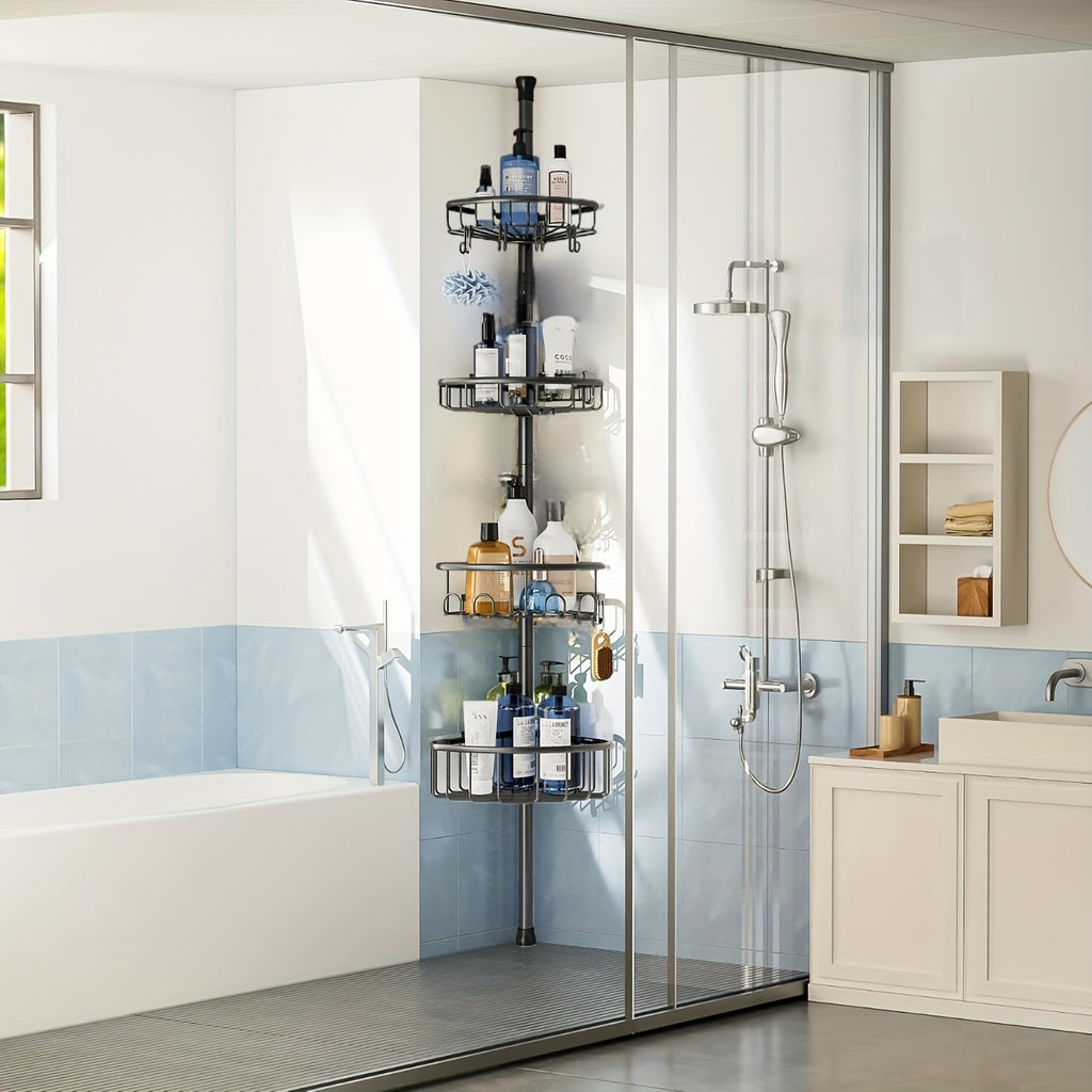 4-Tier Corner Shower Storage Rack No-Drill Telescopic Floor Standing Organizer – Rust-Resistant Stainless Steel, Adjustable 47–121 Inch, Bathtub Shampoo Shelf in Black