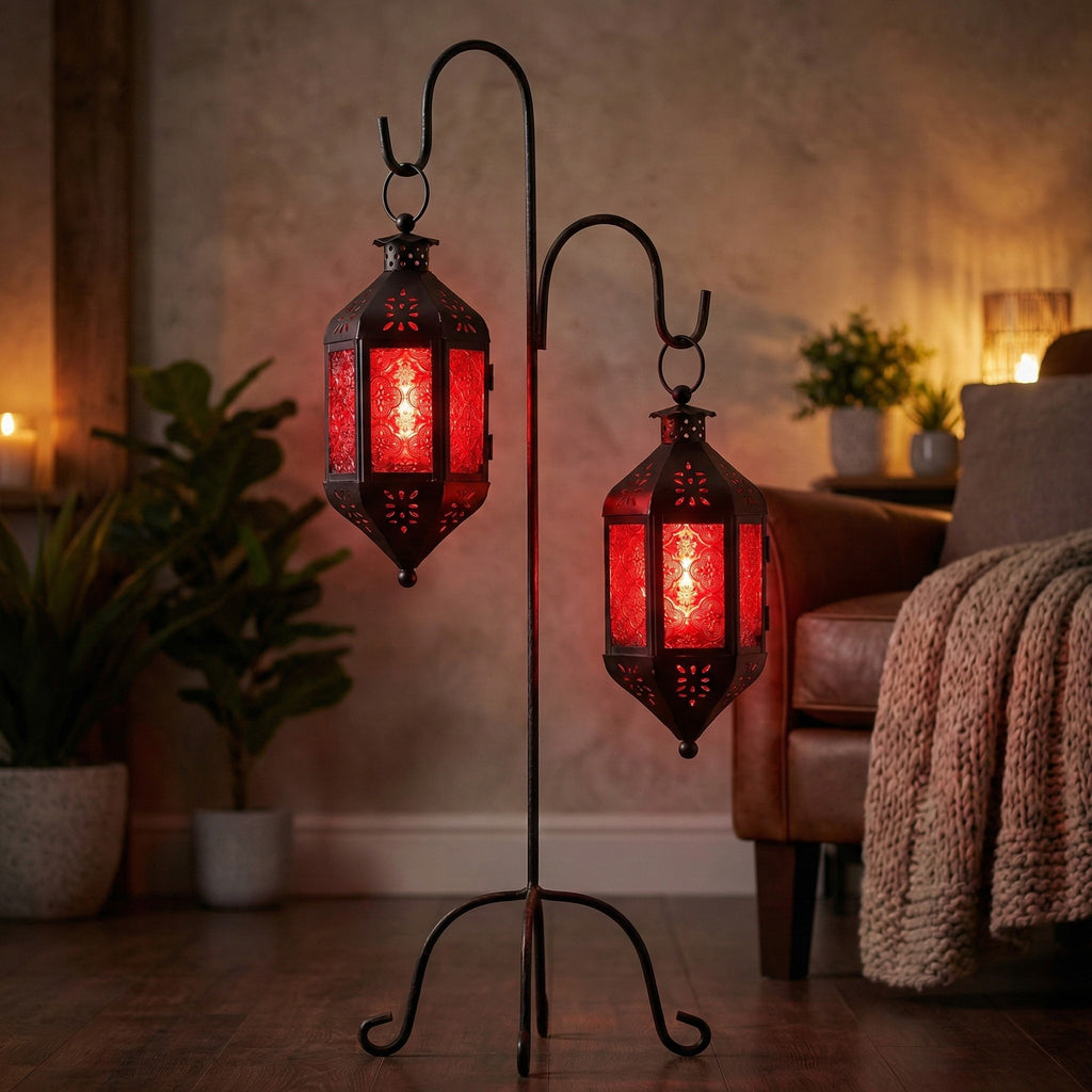 Moroccan Hanging Candle Lantern with Chain – Vintage Boho Style Iron & Glass Tealight Holder for Home, Patio, Garden, Wedding & Ramadan Decor (23.5" Overall)