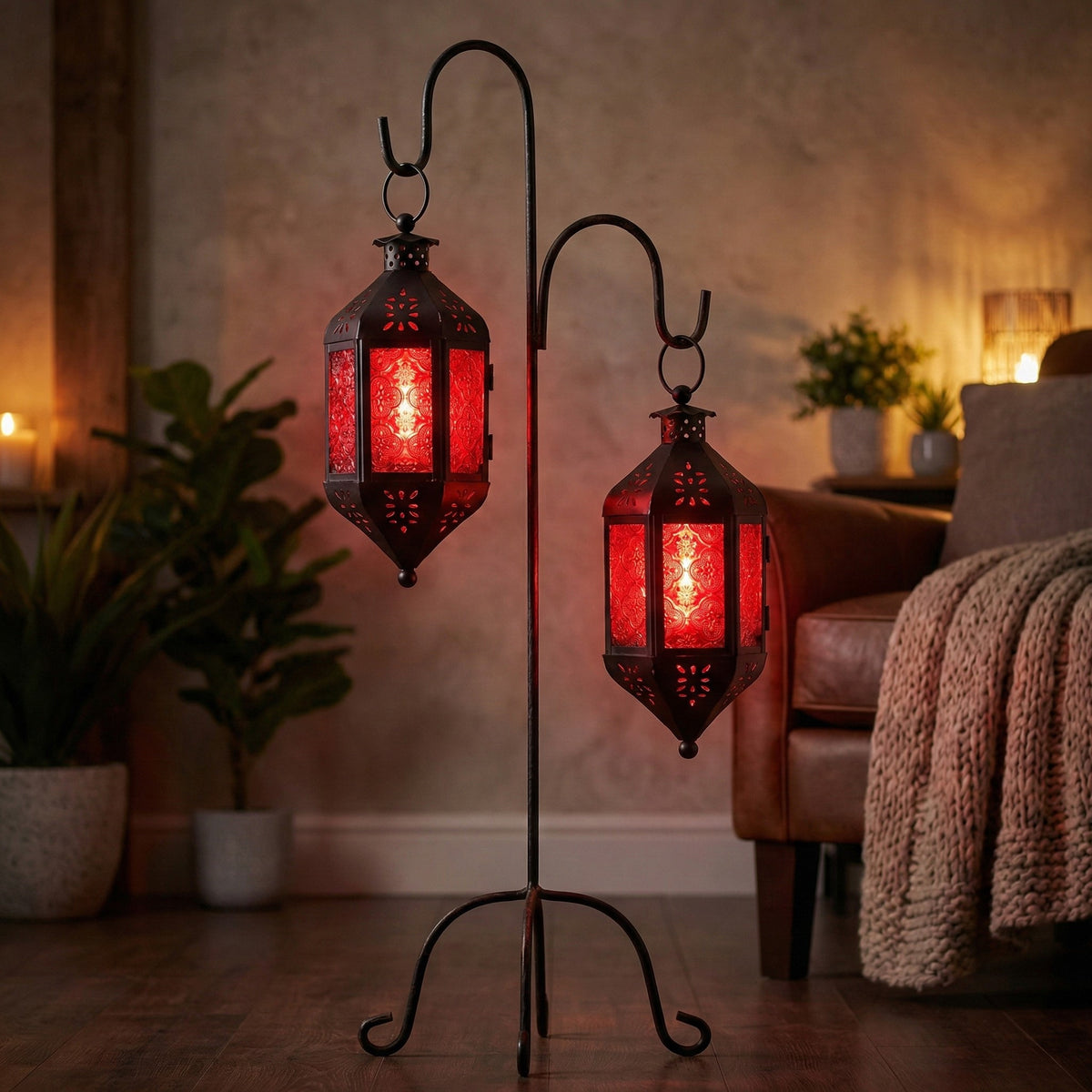 Moroccan Hanging Candle Lantern with Chain – Vintage Boho Style Iron & Glass Tealight Holder for Home, Patio, Garden, Wedding & Ramadan Decor (23.5" Overall)
