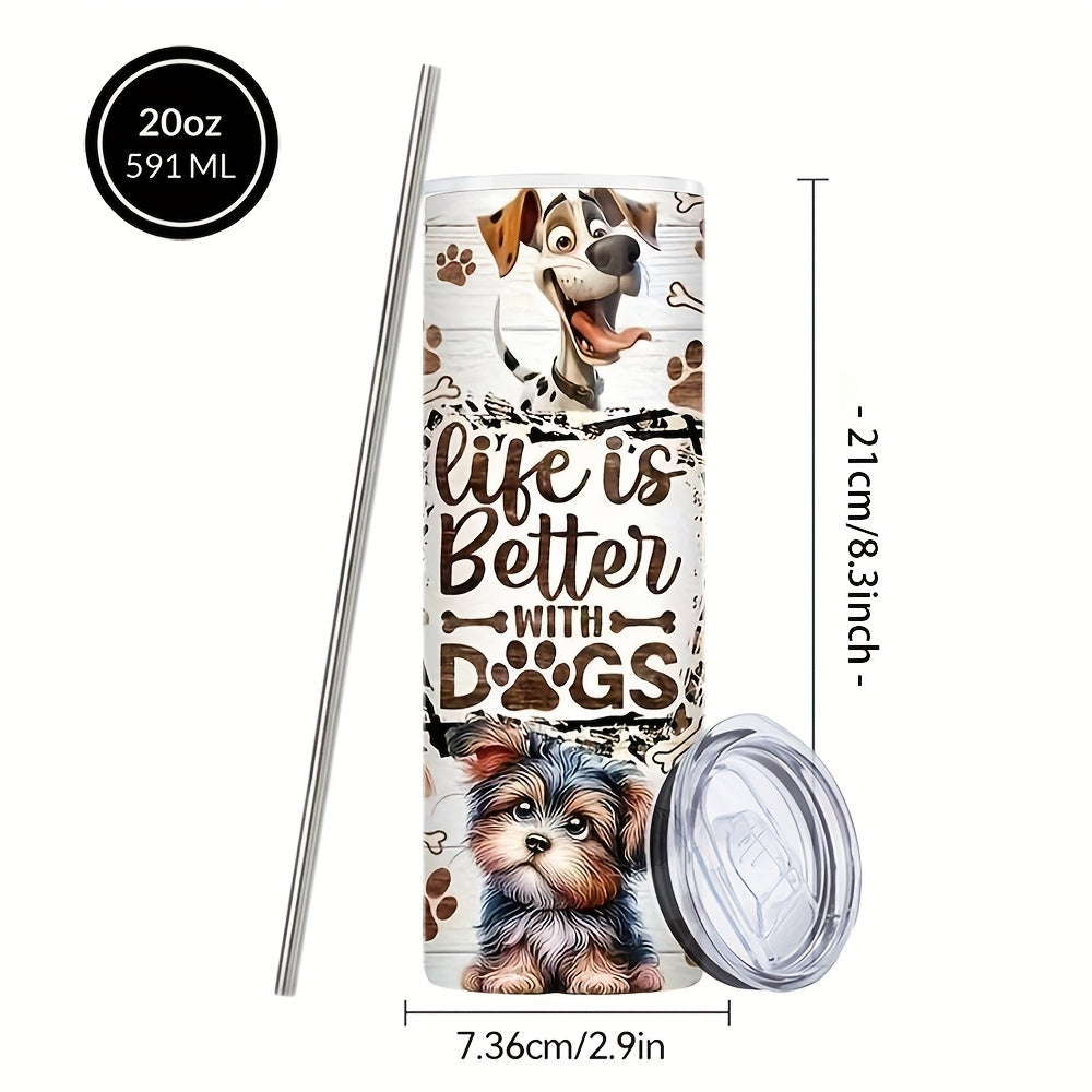 Stacked Dogs Graphic Insulated Tumbler 20oz - Stainless Steel Travel Cup with Lid & Straw for Hot & Cold Drinks, Cute Dog Lover Gift for Birthday, Halloween, Thanksgiving & Christmas