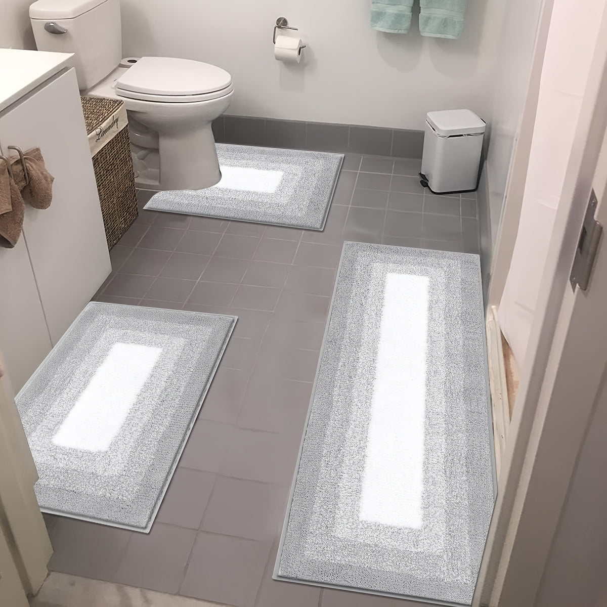 Bathroom Rug Set 3 Piece Plush Shaggy Non-Slip Absorbent Microfiber Bath Mat with U-Shaped Contour Toilet Mat – Multiple Colors & Sizes for Tub, Shower & Bathroom Floor