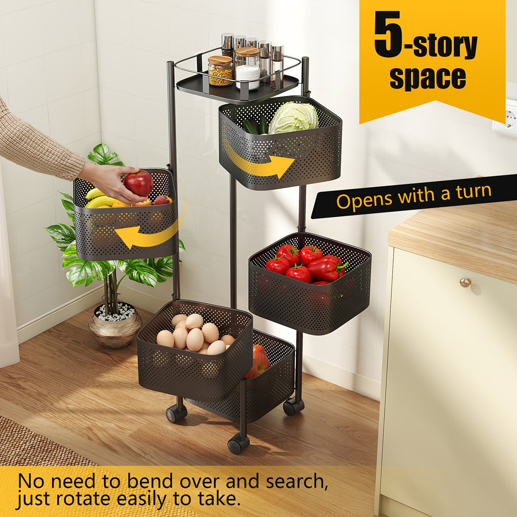 Rolling Kitchen Cart 5 Tier 360° Rotating Storage Organizer, Extra Large Standing Shelf with Locking Wheels & Removable Baskets for Pantry, Living Room & Office, Square Black