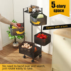 Rolling Kitchen Cart 5 Tier 360° Rotating Storage Organizer, Extra Large Standing Shelf with Locking Wheels & Removable Baskets for Pantry, Living Room & Office, Square Black