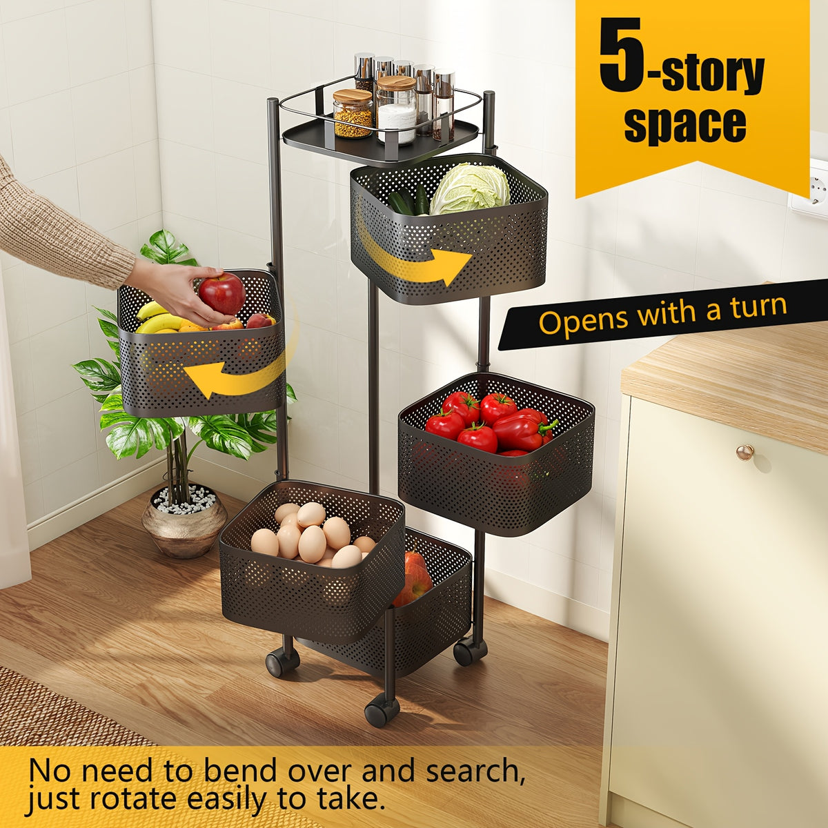 Rolling Kitchen Cart 5 Tier 360° Rotating Storage Organizer, Extra Large Standing Shelf with Locking Wheels & Removable Baskets for Pantry, Living Room & Office, Square Black