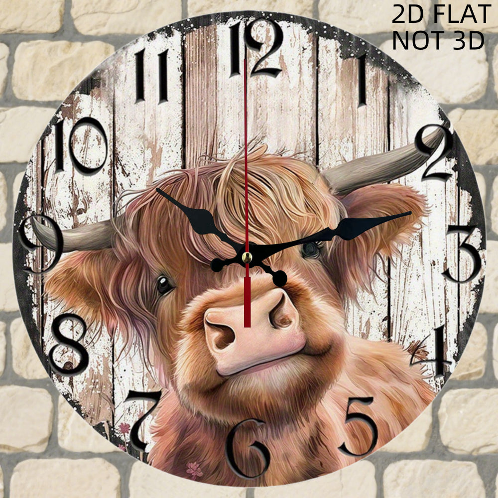 Cow Face Wooden Wall Clock Silent Non-Ticking 9.84 Inch Round Wood Clock for Living Room Bedroom Office Kitchen Farmhouse Home Decor Gift
