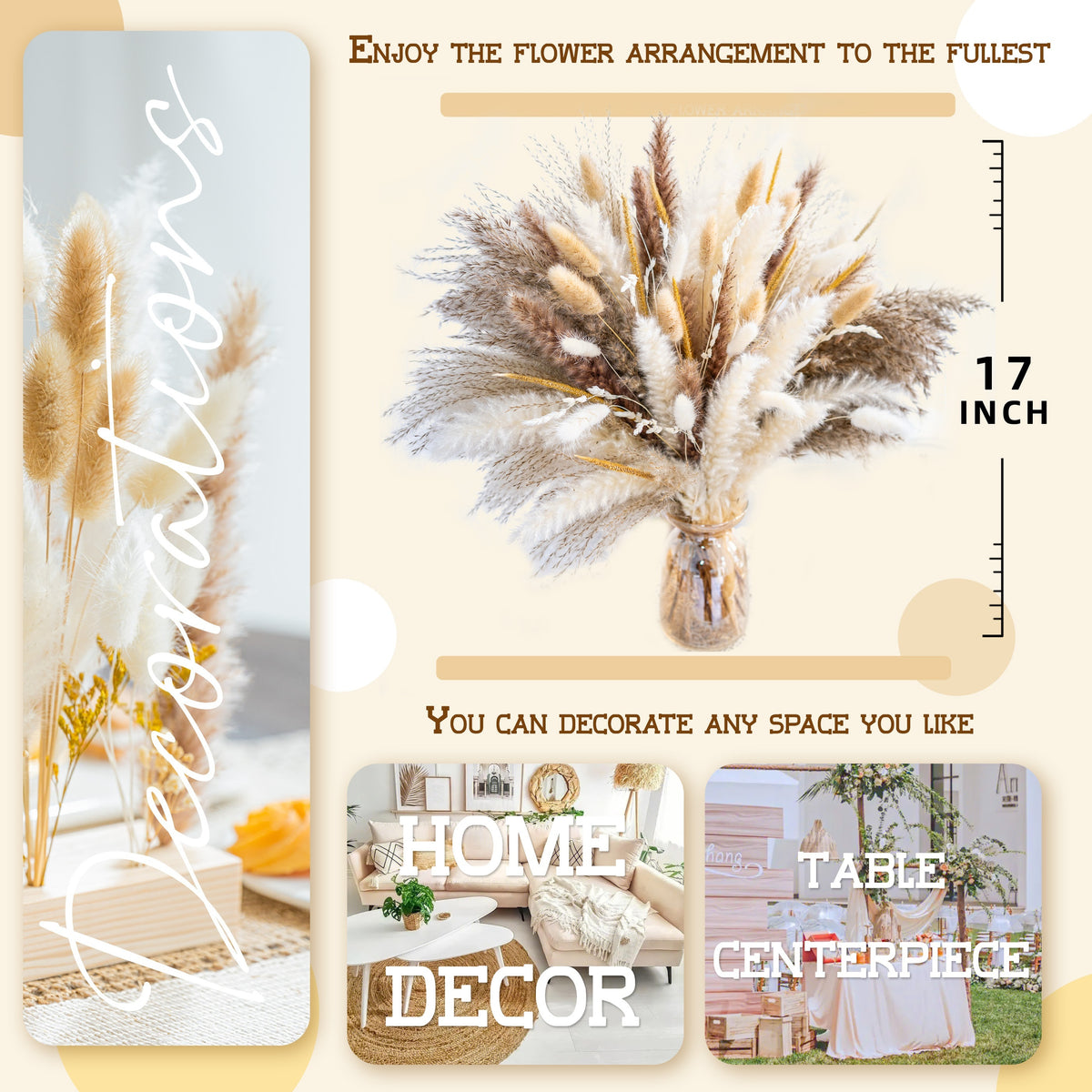 Pampas Grass Decor Bouquet 120pcs Natural Dried Boho Floral Arrangement | Rustic Centerpiece for Wedding Table Decor, Living Room, Boho Home Decor & Farmhouse Aesthetic