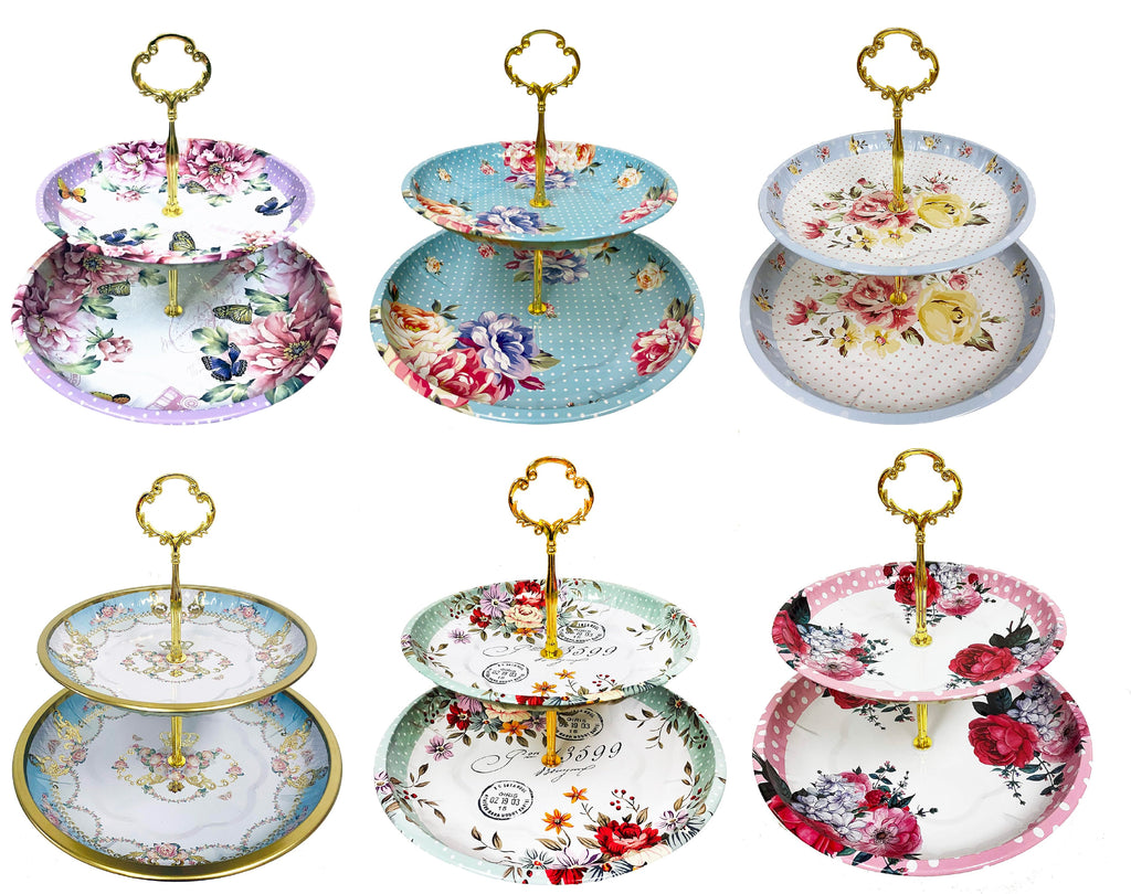 2 Tier Floral Metal Cake Stand Dessert Tower - Vintage Pastry Cupcake Serving Tray for Tea Party, Baby Shower, Birthday & Wedding Table Centerpiece Decoration