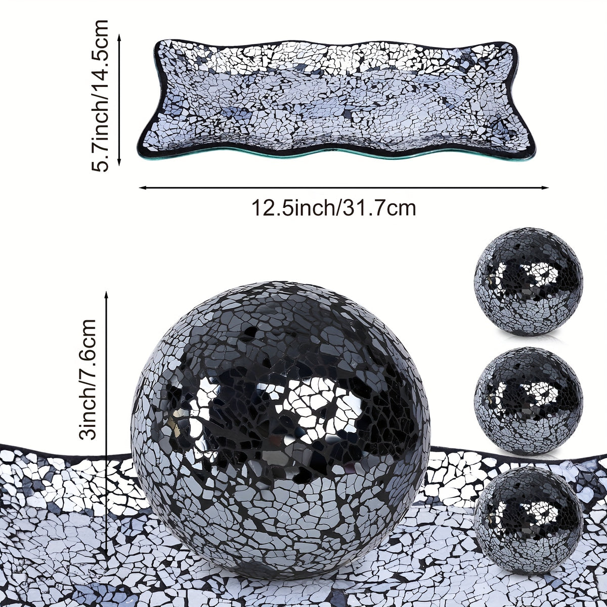 Decorative Glass Balls for Bowls Set of 3 with Glass Tray 3-Inch Bowl Fillers Centerpiece Table Decorations for Home Living Room Dining Coffee Table Silver Turquoise Black