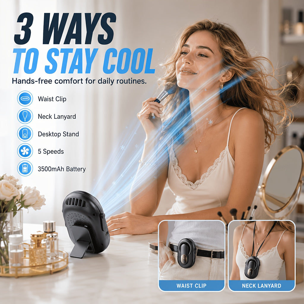 3-in-1 Portable Waist Fan USB-C Rechargeable 3500mAh – Wearable Neck Fan with Lanyard, Clip & Desk Stand, 5-Speed Hands-Free Personal Cooling Fan for Travel, Outdoor, Work & Gym