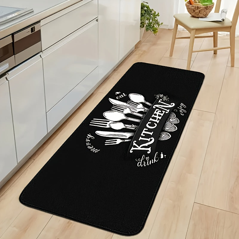Black Kitchen Mat Set 2 Piece Cookware Pattern Anti-Slip Rubber Backing – Machine Washable Absorbent Soft Polyester Floor Rugs for Kitchen, Bathroom & Entryway