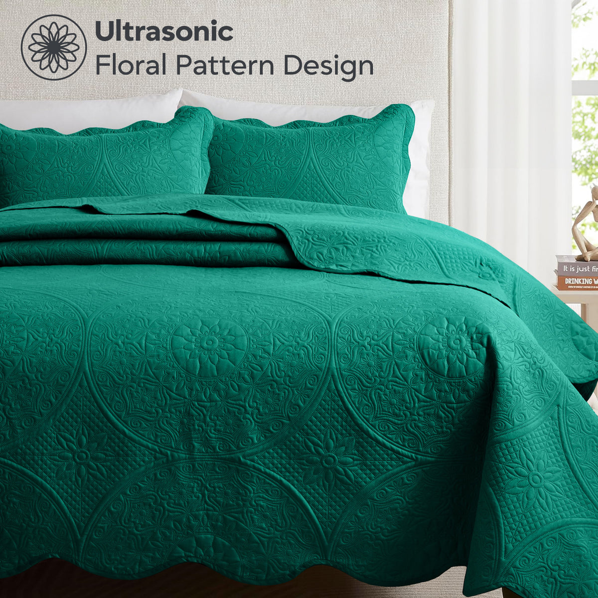 Luxury Quilted Bedspread Set 3 Piece Floral Coverlet with Pillow Shams Breathable Lightweight All Season - Twin Queen King California King 16 Colors