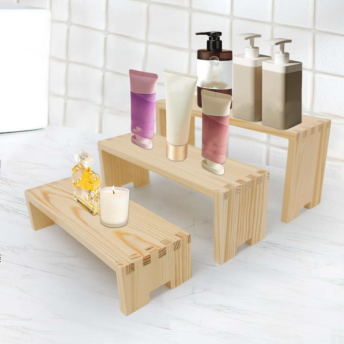3-Tier Wooden Tabletop Display Shelf, Modern Rectangular Desktop Storage Rack & Space-Saving Organizer for Home, Office, Bathroom & Kitchen Counter, Decorative Wood Display Stand