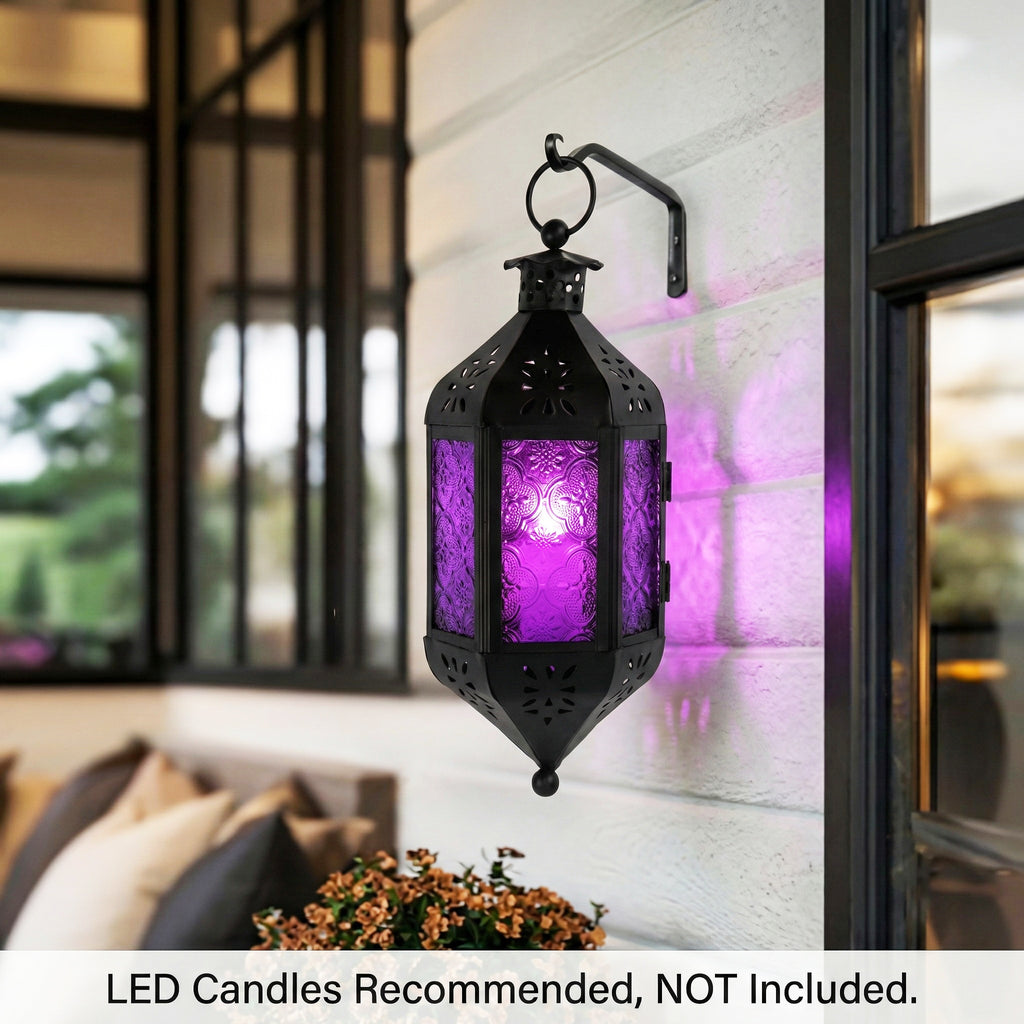 Moroccan Hanging Candle Lantern with Chain – Vintage Boho Style Iron & Glass Tealight Holder for Home, Patio, Garden, Wedding & Ramadan Decor (23.5" Overall)