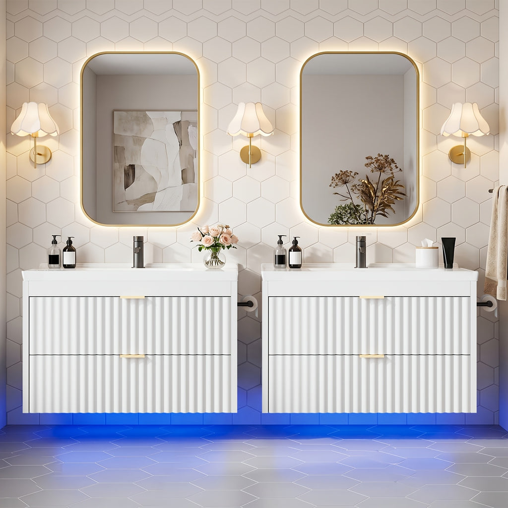 Floating Bathroom Vanity with Sink 24 Inch LED Light Wall Mounted 3-Hole Ceramic Basin Wave Line Design Soft Close Drawers for Small Spaces Black White