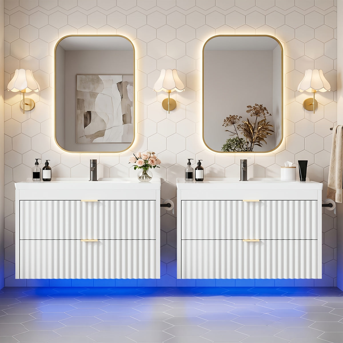 Floating Bathroom Vanity with Sink 24 Inch LED Light Wall Mounted 3-Hole Ceramic Basin Wave Line Design Soft Close Drawers for Small Spaces Black White