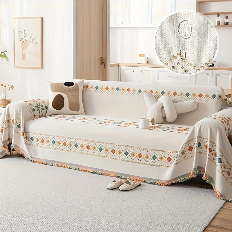 Chenille Boho Sofa Cover with Embroidered Detail – Machine Washable Slipcover for 1 2 3 4 Seater Sectional Couches, Extra Large Sizes, No Padding, 4 Colors