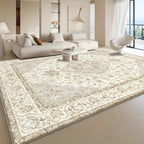 Plush Velvet Floral Geometric Area Rug 850 GSM Machine Washable Non-Slip Soft Beige Cream for Living Room Bedroom Office – Multiple Sizes