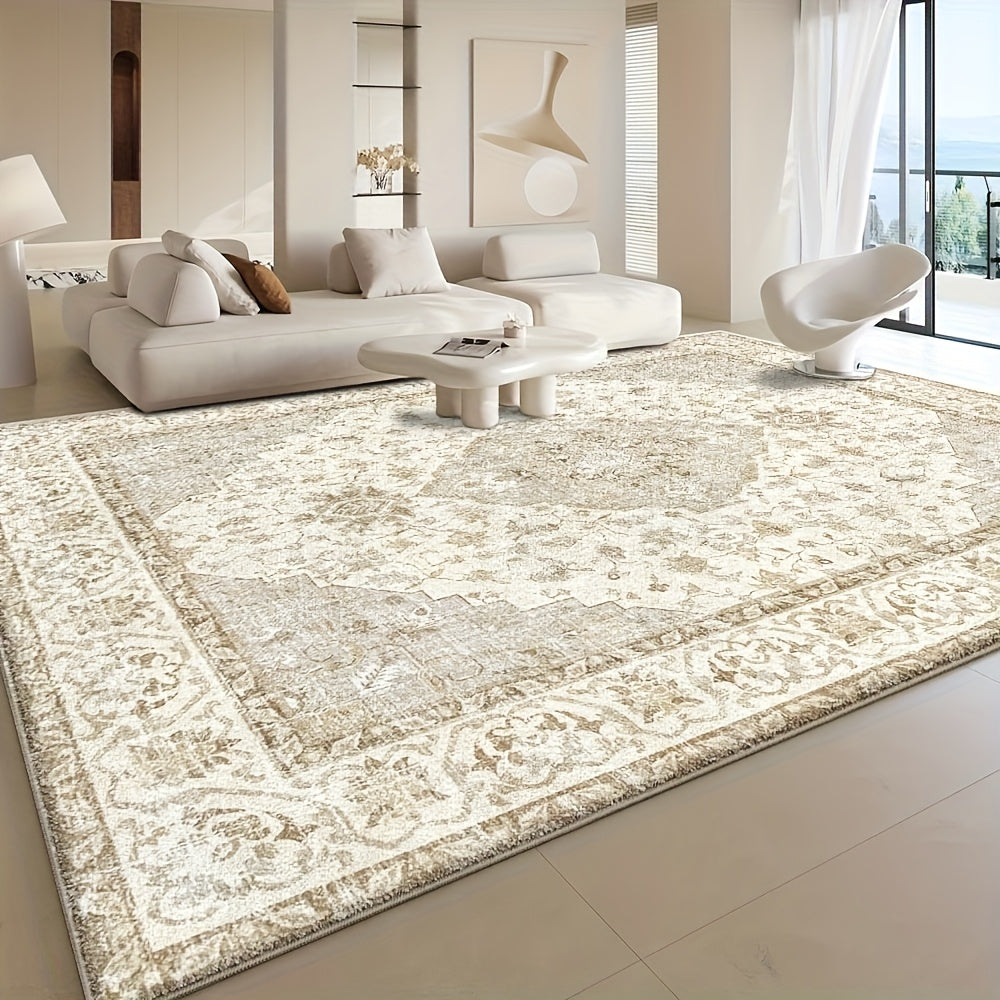 Plush Velvet Floral Geometric Area Rug 850 GSM Machine Washable Non-Slip Soft Beige Cream for Living Room Bedroom Office – Multiple Sizes
