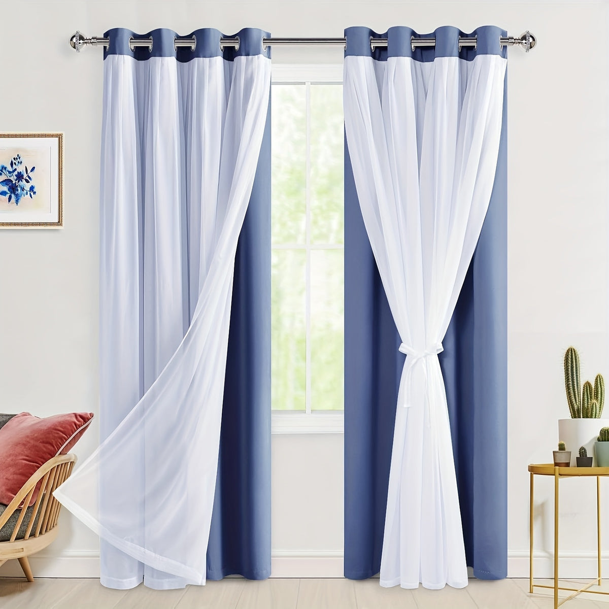 Double Layer Blackout Curtains with Sheer Overlay 2 Panels - Grommet Top Thermal Insulated Mix & Match Window Drapes with Tiebacks for Bedroom Living Room, All Season
