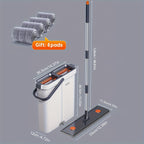 Dual-Bucket Flat Mop and Bucket System with 2025 Floating Scraper – Wash & Dry Separation, Widened Mop Head, Stainless Steel Rod & 4/6 Washable Microfiber Pads for Hardwood, Tile & Wall