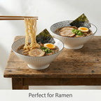 Japanese Ramen Bowls Set of 2 or 4 Ceramic Blue White Leaf Pattern 8 Inch 32oz Noodle Soup Bowl for Pho Ramen Pasta Cereal
