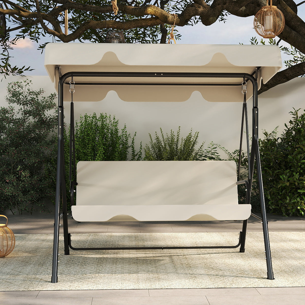 Outdoor Porch Glider Swing with Canopy Rust Proof Heavy Duty Steel Frame Adjustable Canopy Patio Furniture Garden Lawn Backyard Black Beige Brown Red Green