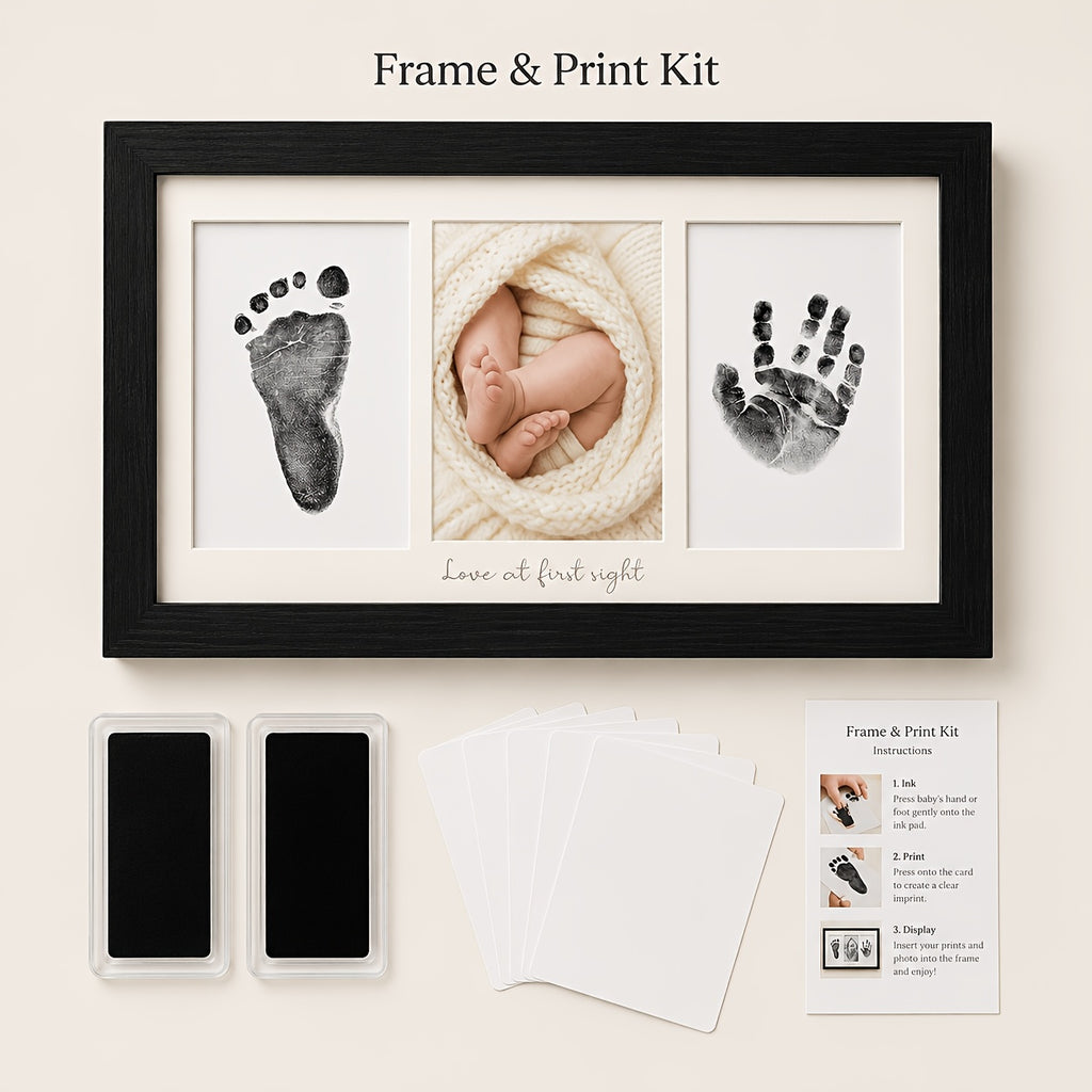 Triptych Photo Frame 8x16 Inch – Horizontal 3-Panel Picture Frame with Text & Footprint/Handprint Panel, Desktop or Wall Display, Black & White Wood Grain, Heartfelt Gift for Moms
