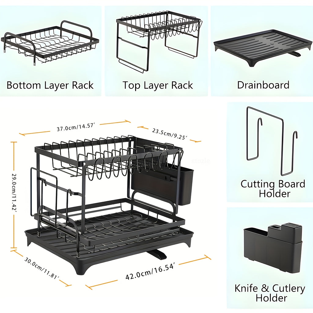 2-Tier Dish Drying Rack with Drainboard – Black Metal Two-Level Dish Drainer with Drainage for Kitchen Counter, Standing Dish Holder Organizer Shelf for Plates, Cups & Utensils