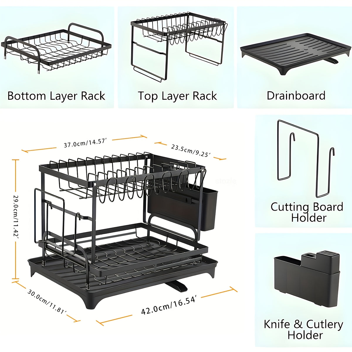 2-Tier Dish Drying Rack with Drainboard – Black Metal Two-Level Dish Drainer with Drainage for Kitchen Counter, Standing Dish Holder Organizer Shelf for Plates, Cups & Utensils