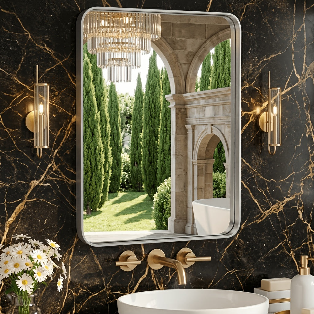 Metal Framed Rounded Rectangle Wall Mirror for Bathroom – Over Sink, Horizontal or Vertical Hanging, Modern Farmhouse Decor, Matte Black, Gold & Silver, Multiple Sizes 16x20 to 36x48 In