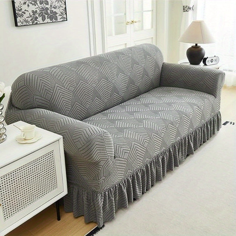 Jacquard Fleece Sofa Slipcover with Ruffle Skirt High Stretch Full Coverage Non-Slip Machine Washable Pet-Friendly Couch Cover 1 2 3 4 Seater Living Room Bedroom Office Grey