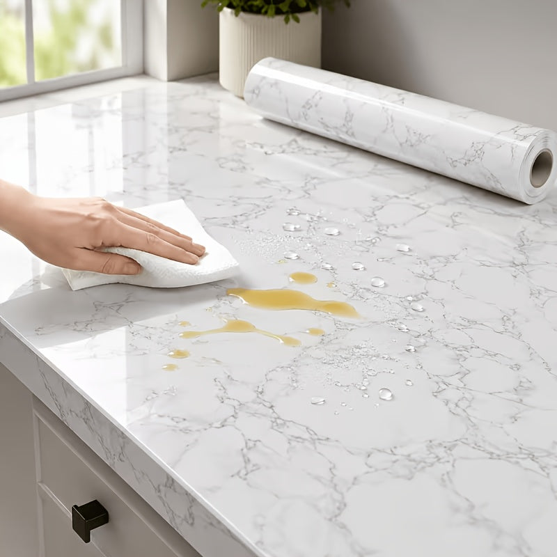 Marble Contact Paper Waterproof Self-Adhesive PET Film Heat Oil Resistant Glossy Vinyl Wrap for Kitchen Cabinets Bathroom Countertops Drawer Liner Furniture Decor White Black Marble 15.75x196.85 in