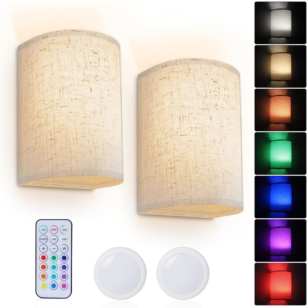 LED Wall Sconce Set of 2 Battery-Powered RGBW Dimmable - Linen Fabric Shade, Remote Control, No Wiring, for Bedroom Living Room Hallway Decor | Nuvia Haven