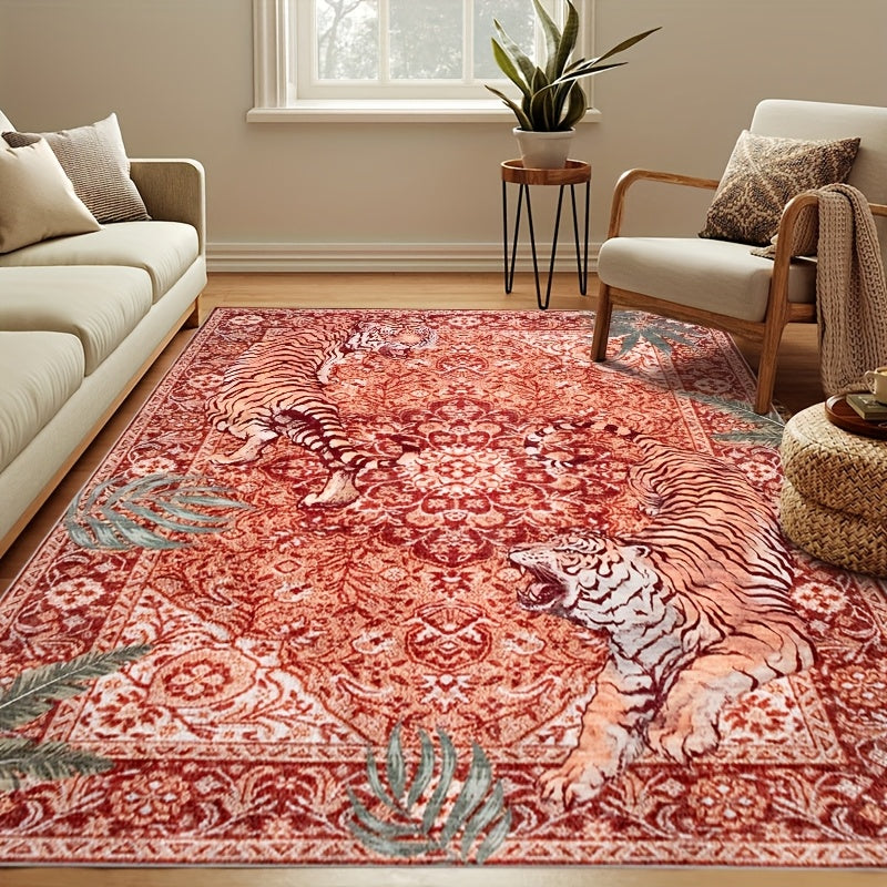 Tiger Jungle Area Rug – Washable Non-Slip Indoor Carpet for Living Room, Bedroom & Home Office | Red, Green, Beige | 5x7 to 9x12 ft | Nuvia Haven