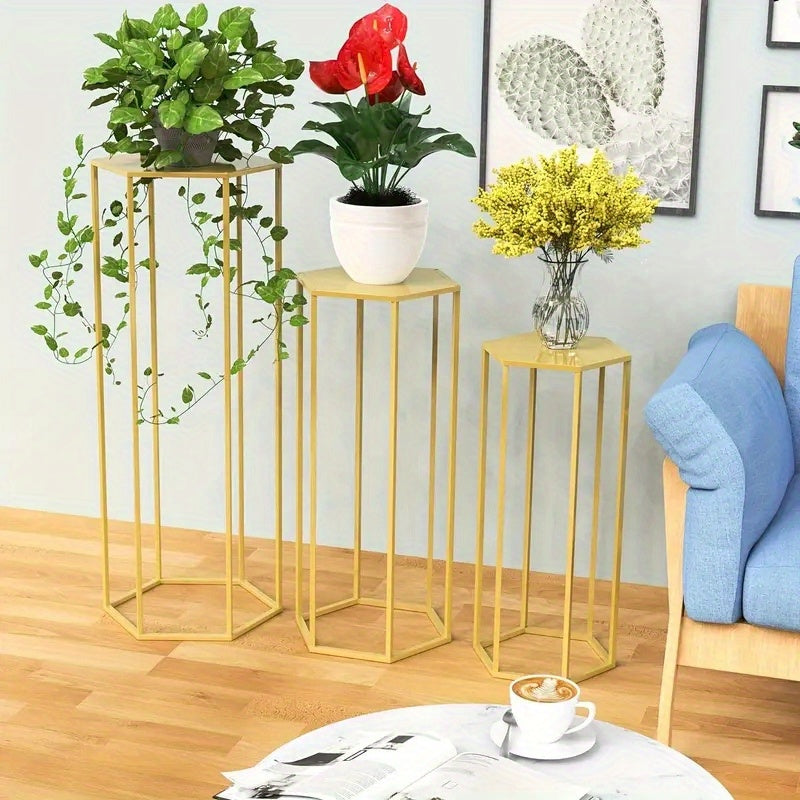 3-Piece Gold Hexagon Cake Stand Set – Metal Cylinder Pedestal Stands for Wedding, Party, Flower Vase & Living Room Decor