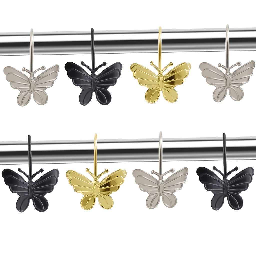 Butterfly Shower Curtain Hooks 12 Pack Decorative Metal Rings – Smooth Glide, Elegant Animal Design, Silvery, Golden & Black – Spring Bathroom Decor Curtain Rings