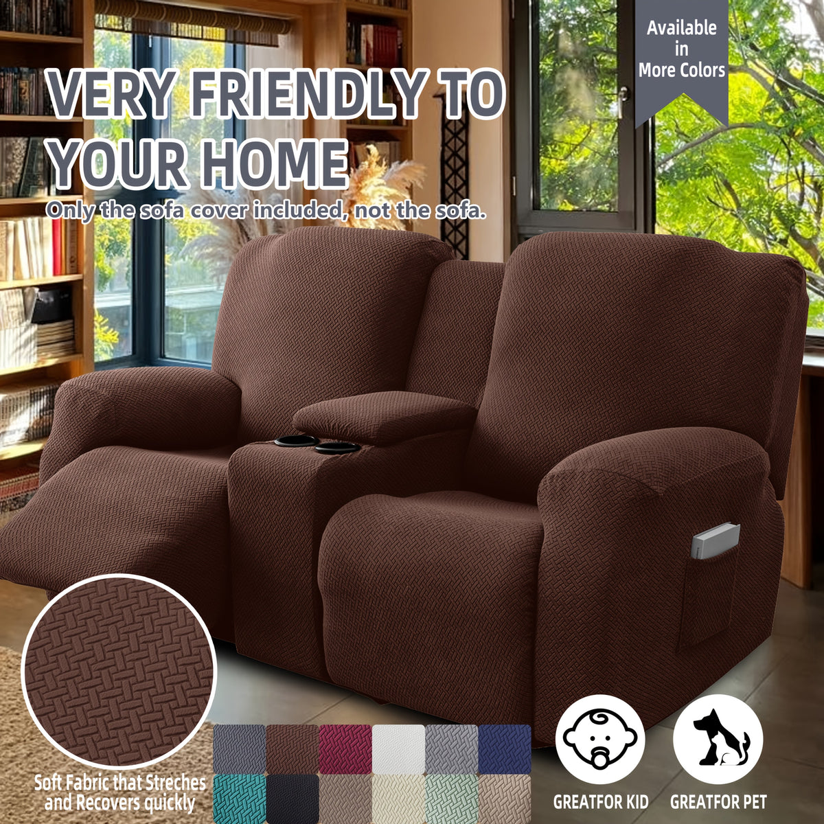 Sofa Cover Recliner 2 Seater – High Elastic Washable Velvet Slipcover with Side Pocket, Non-Slip Furniture Protector for Living Room & Bedroom