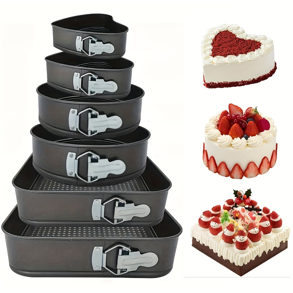 Springform Cake Pan Set 6pcs Nonstick Carbon Steel – Heart, Round & Square Cheesecake Pans 7–11 Inch with Removable Bottom for Mousse, Cheesecake & Layer Cakes