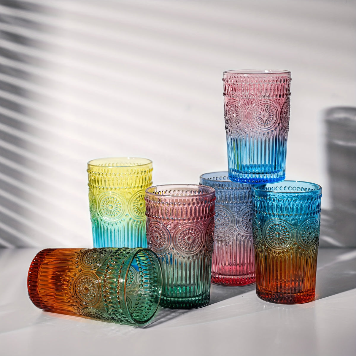 Vintage Glassware Drinking Glasses Set of 6 – 13oz Colored Embossed Flower Textured Tumblers | Elegant Drinkware for Water, Cocktails, Juice & Iced Coffee | 6 Colors