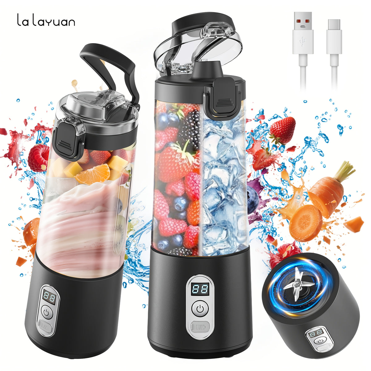 Portable Blender USB-C Rechargeable 6-Blade Stainless Steel – Ice Crush Smoothie Maker with Digital Timer, Battery Display & No-Spill Lid for Gym, Travel & Protein Shakes, Pink or White