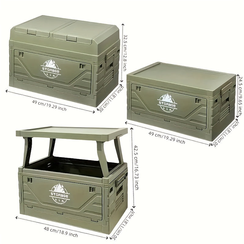 Folding Outdoor Storage Box Collapsible Waterproof Bin – Multifunctional Camping Container Doubles as Table & Seat, Portable Organizer for Picnic Road Trips Car Trunk Backyard