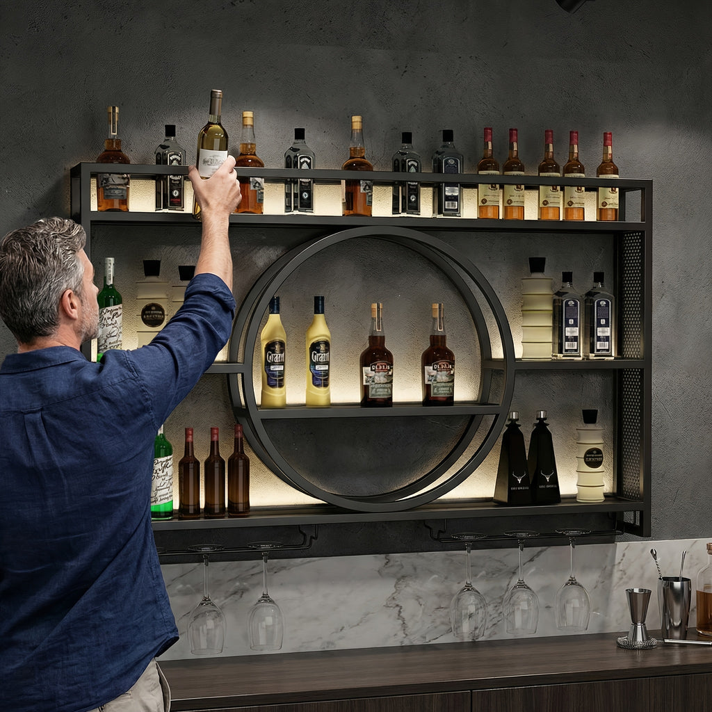 39 Inch Wall Mounted Bottle Rack with LED Lighting – 3 Tier Wine Glass Holder Floating Bar Shelf in Gold or Black for Kitchen Living Room & Home Bar