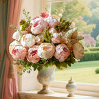 Faux Peonies and Hydrangeas Floral Centerpiece Vintage Rustic Pink Green Mix Artificial Flowers for Bridal Wedding Table Home Living Room Decor