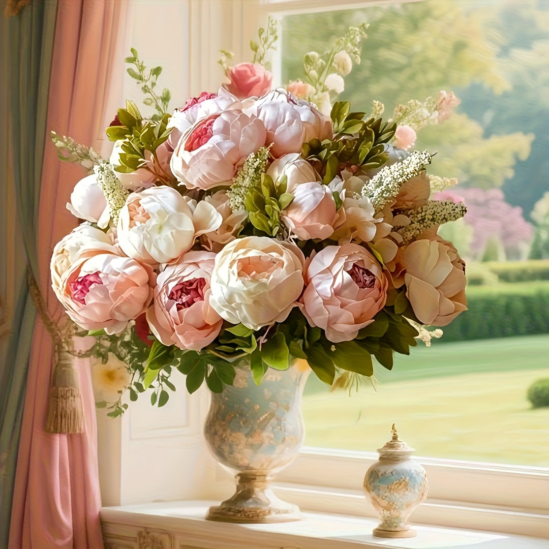 Faux Peonies and Hydrangeas Floral Centerpiece Vintage Rustic Pink Green Mix Artificial Flowers for Bridal Wedding Table Home Living Room Decor