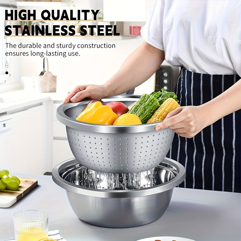 Stainless Steel Colander & Mixing Bowl Set – 304 Food-Grade Stackable Strainer Bowl for Washing Vegetables, Fruit & Rice, Dishwasher Safe Kitchen Colander, 7.09" or 11.02" Bowl + Sieve