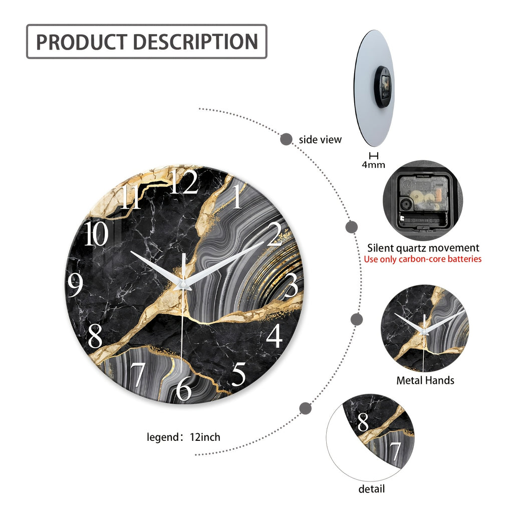 Modern Large Glass Wall Clock with Marble Texture – Silent Non-Ticking, 14, 20 & 24 Inch, AA Battery, Luxury Wall Decor for Living Room, Bedroom, Kitchen & Office, Housewarming Gift
