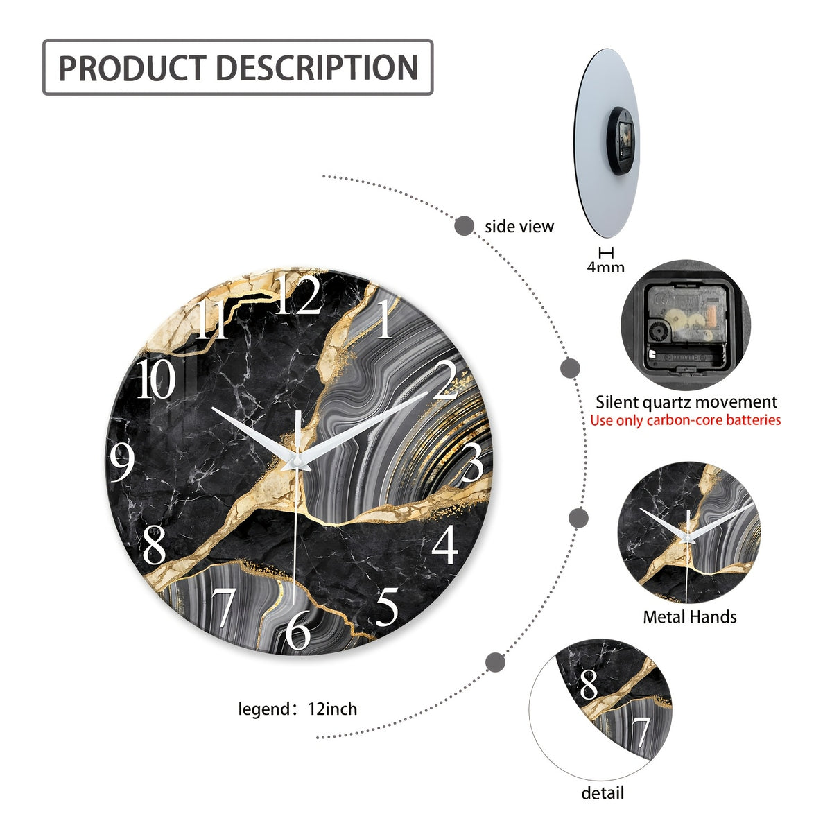 Modern Large Glass Wall Clock with Marble Texture – Silent Non-Ticking, 14, 20 & 24 Inch, AA Battery, Luxury Wall Decor for Living Room, Bedroom, Kitchen & Office, Housewarming Gift