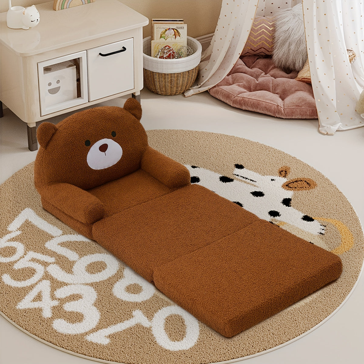 Animal Kids Foldable Sofa 2-in-1 Fold-Out Couch – Soft Polar Fleece High-Density Foam Lounger Chair for Playroom, Boys & Girls Room Decor, Cute Teddy Bear, Panda, Kitten & Milk Cow Styles
