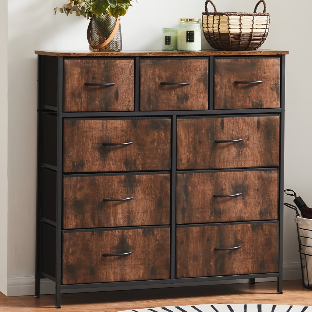 9 Drawer Fabric Dresser with Bins – Tall Chest of Drawers Organizer for Bedroom Closet Hallway Nursery, Steel Frame Wood Top Easy Pull Handles