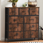 9 Drawer Fabric Dresser with Bins – Tall Chest of Drawers Organizer for Bedroom Closet Hallway Nursery, Steel Frame Wood Top Easy Pull Handles